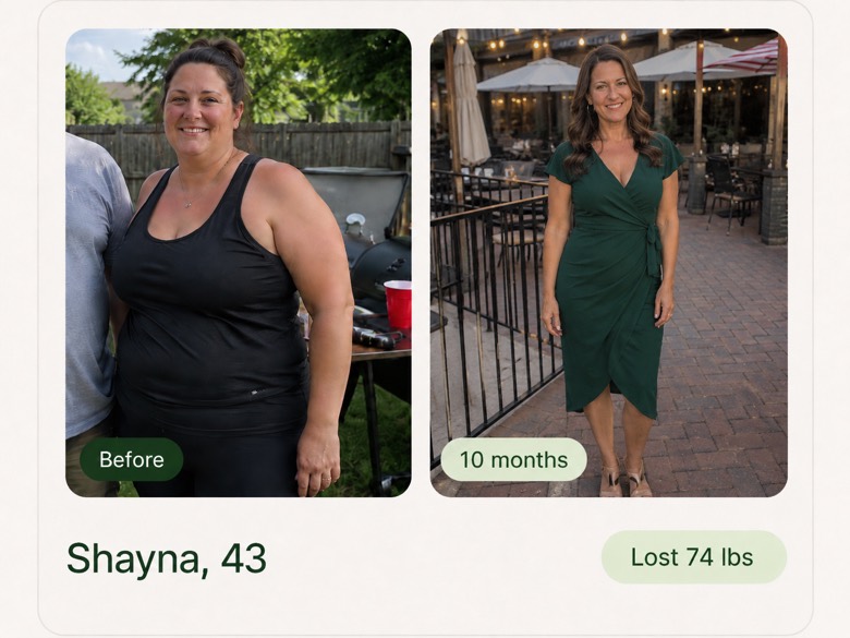 Shayna, 43 — before, and after 10 months