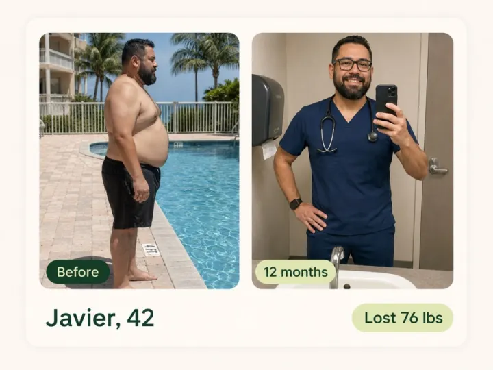 Javier, 42 — before, and after 12 months